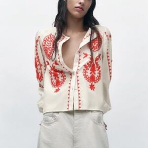 Zara Embroidered Cream and Red Women's Peasant Top